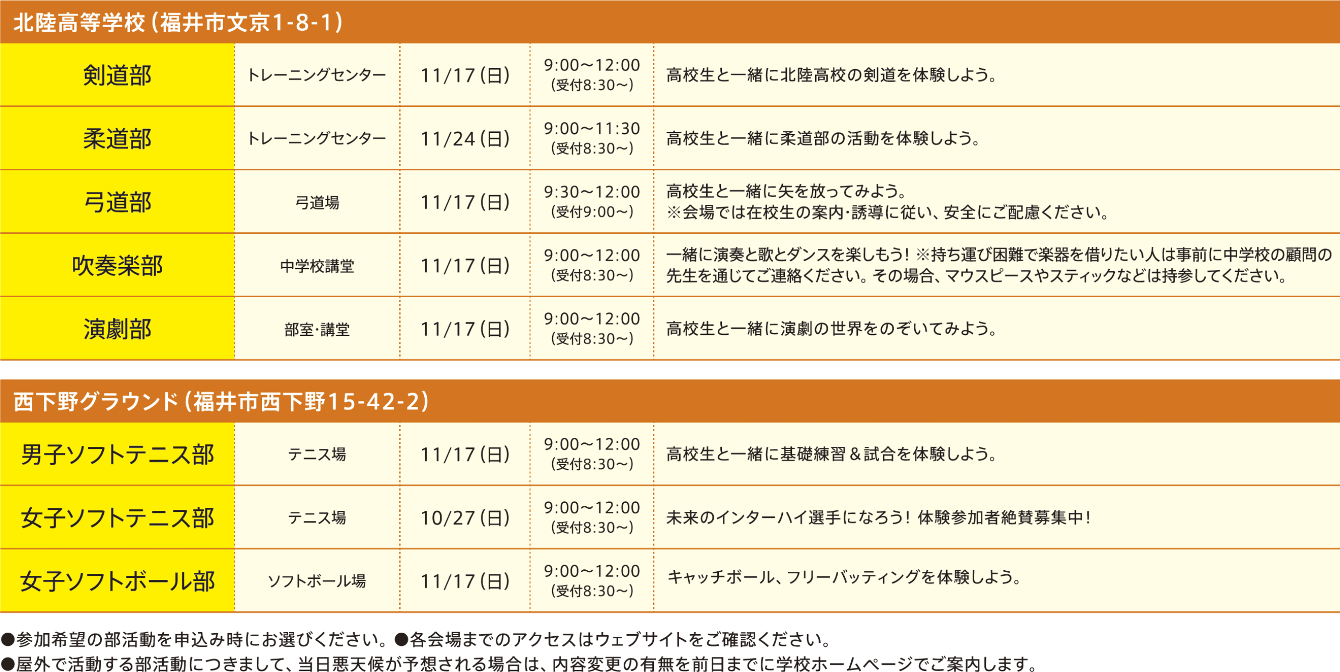 各部活の体験日程